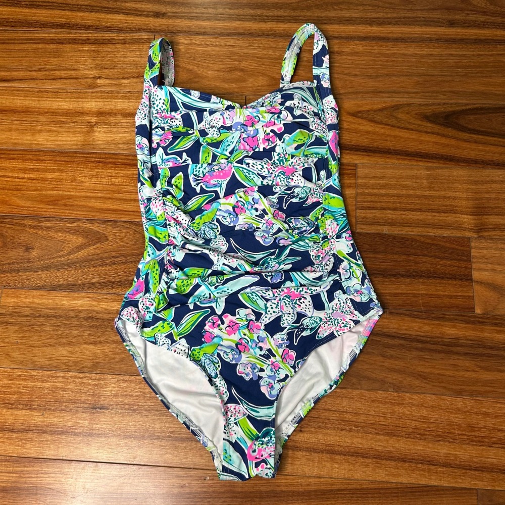 Niptuck Swim Womens Floral Ruched One Piece Swimsuit tropical tummy control US 4